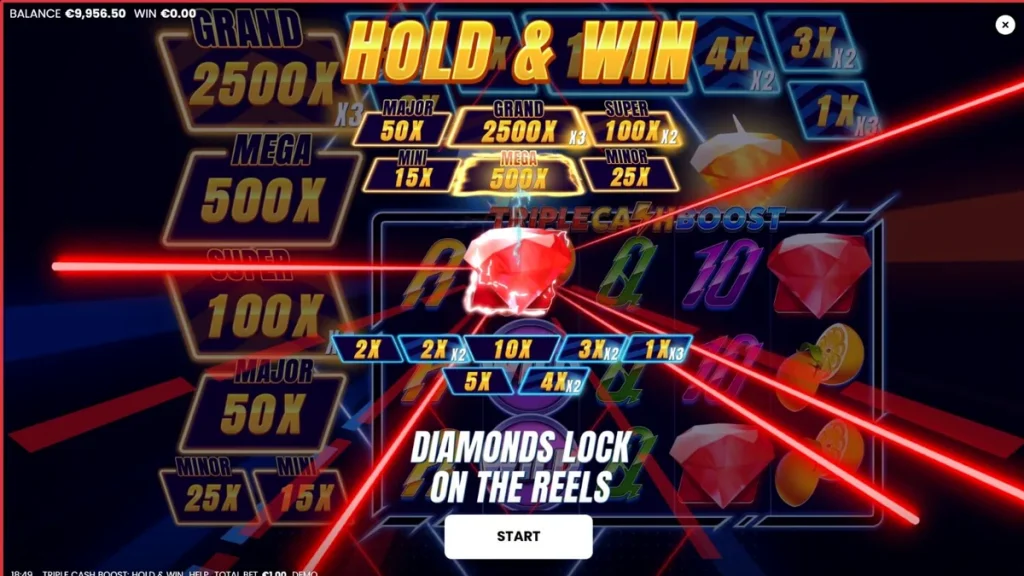 Interface neon e futurista do slot Triple Cash Boost