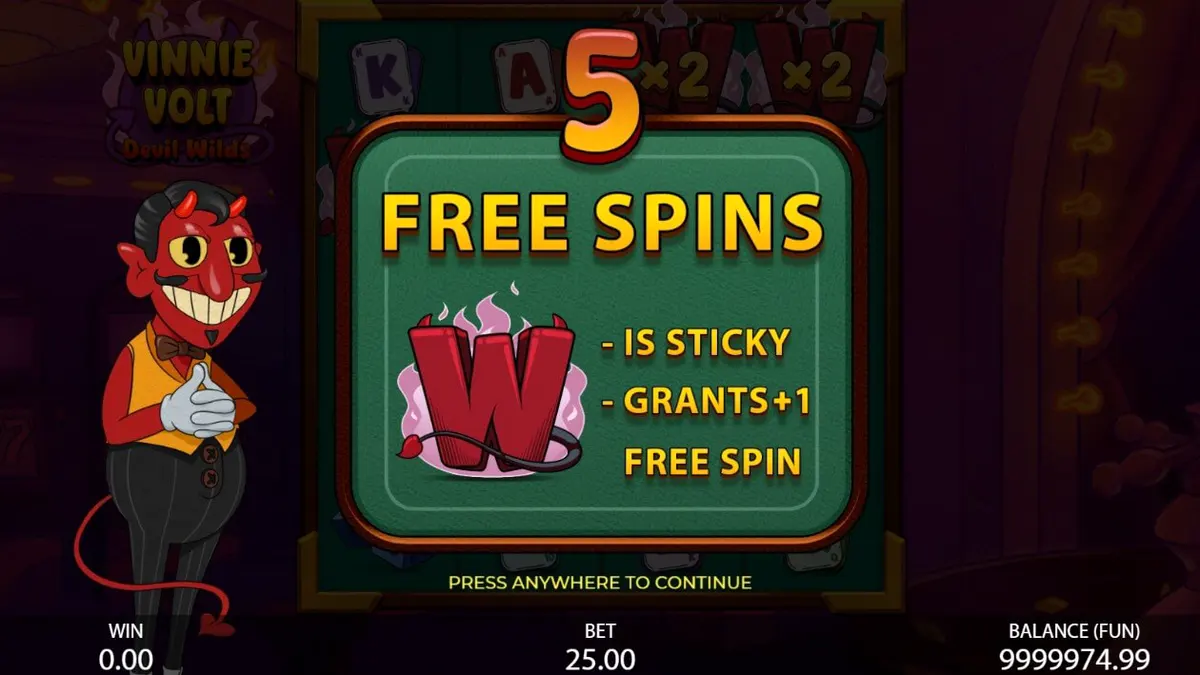 Vinnie Volt: Devil Wilds slot machine interface featuring the dapper devil character