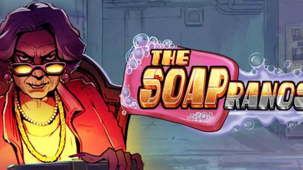 Cena atmosférica e urbana do jogo de slot Soapranos com luzes neon.