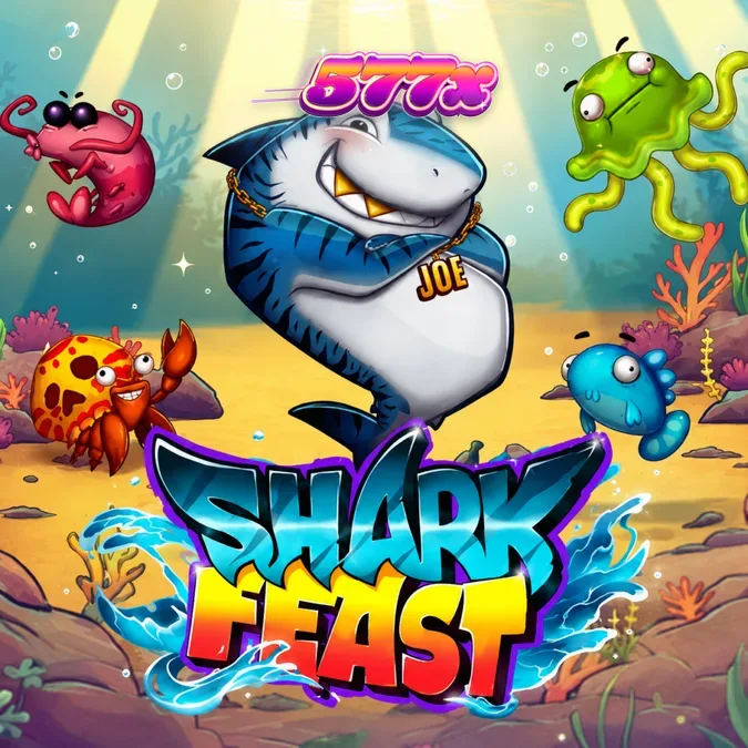Interface colorida do jogo Shark Feast com elementos subaquáticos e multiplicadores